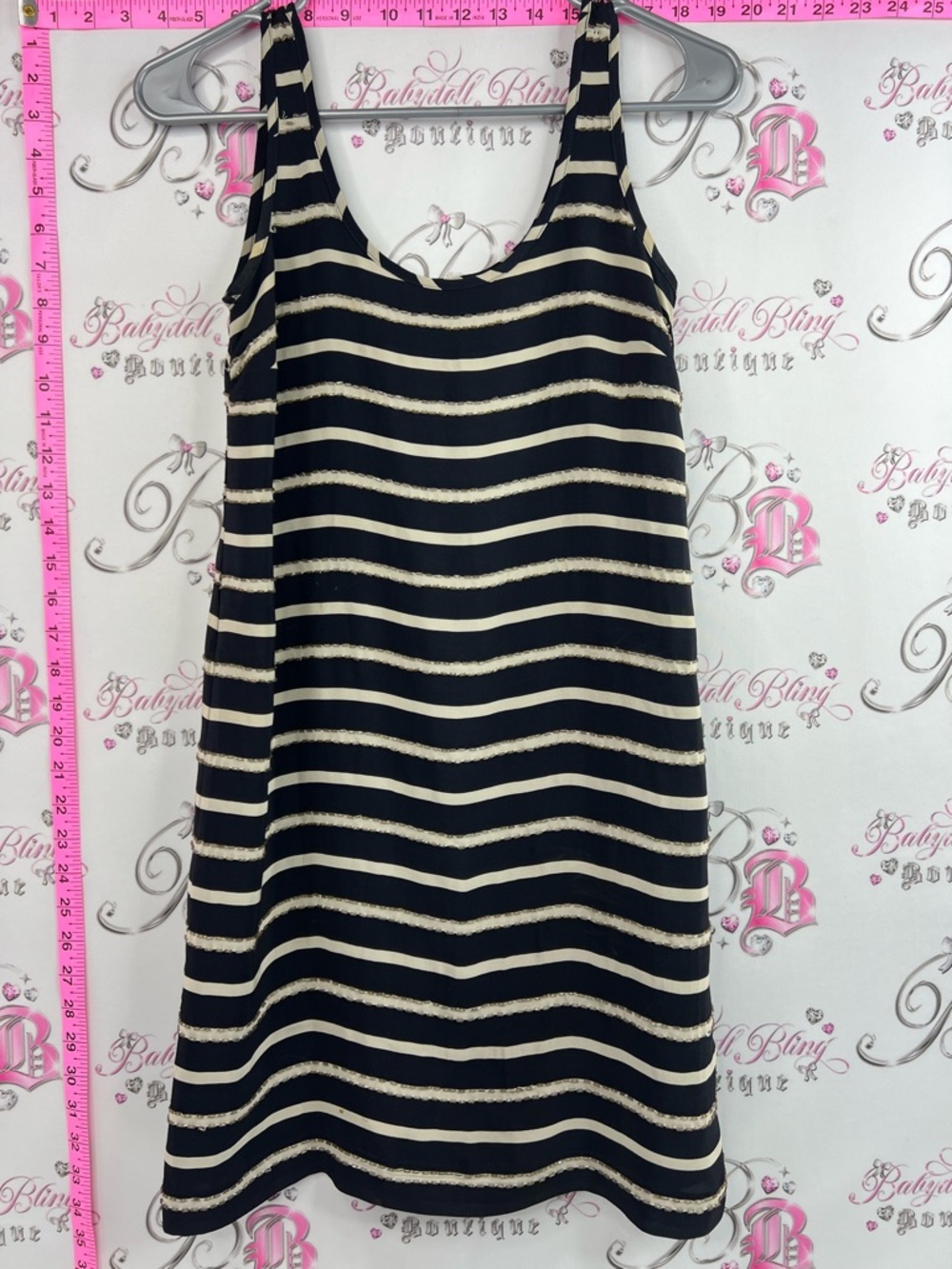 Club Monaco dress beaded navy Black and Cream Striped Sleeveless Midi Dress